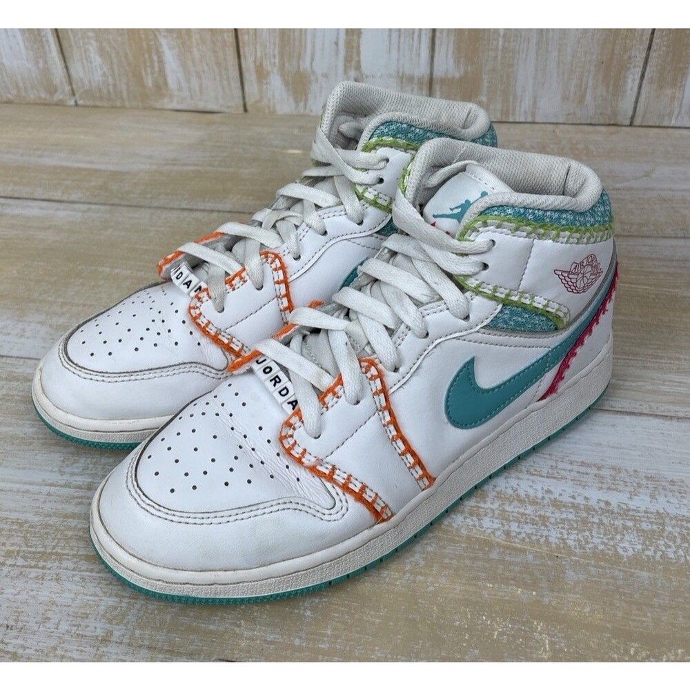Nike Air Jordan 1 Mid SE GS Multi Knit White Teal DM6218 100 Size US 6.5Y